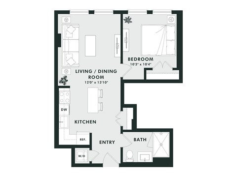 Floor plan for 1 bed, 1 bath, 629 sqft